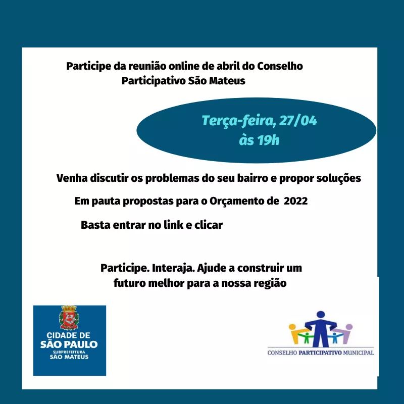 Convite com bordas azuis e fundo branco convida para a participação popular na reunião online do CPM São Mateus.